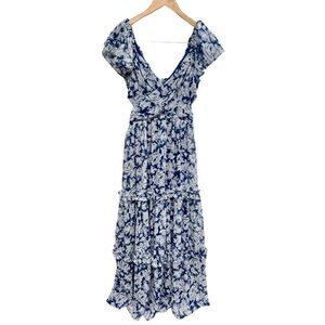 Aqua Maxi Dress Womens Size Small Tiered Metallic Formal Evening Gown Blue White